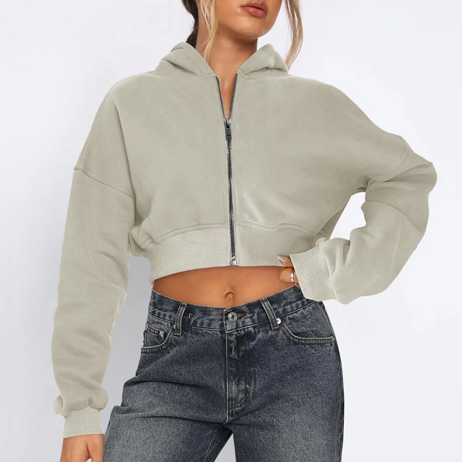 Women Cropped Hoodies Zip Up Sweatshirts Long Sleeve Casual Fleece Jackets Fashion Y2k Workout Tops Fall Clothes 2024
