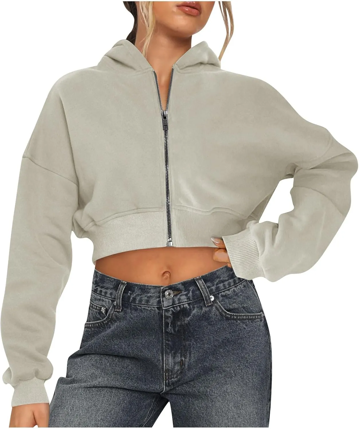 Women Cropped Hoodies Zip Up Sweatshirts Long Sleeve Casual Fleece Jackets Fashion Y2k Workout Tops Fall Clothes 2024