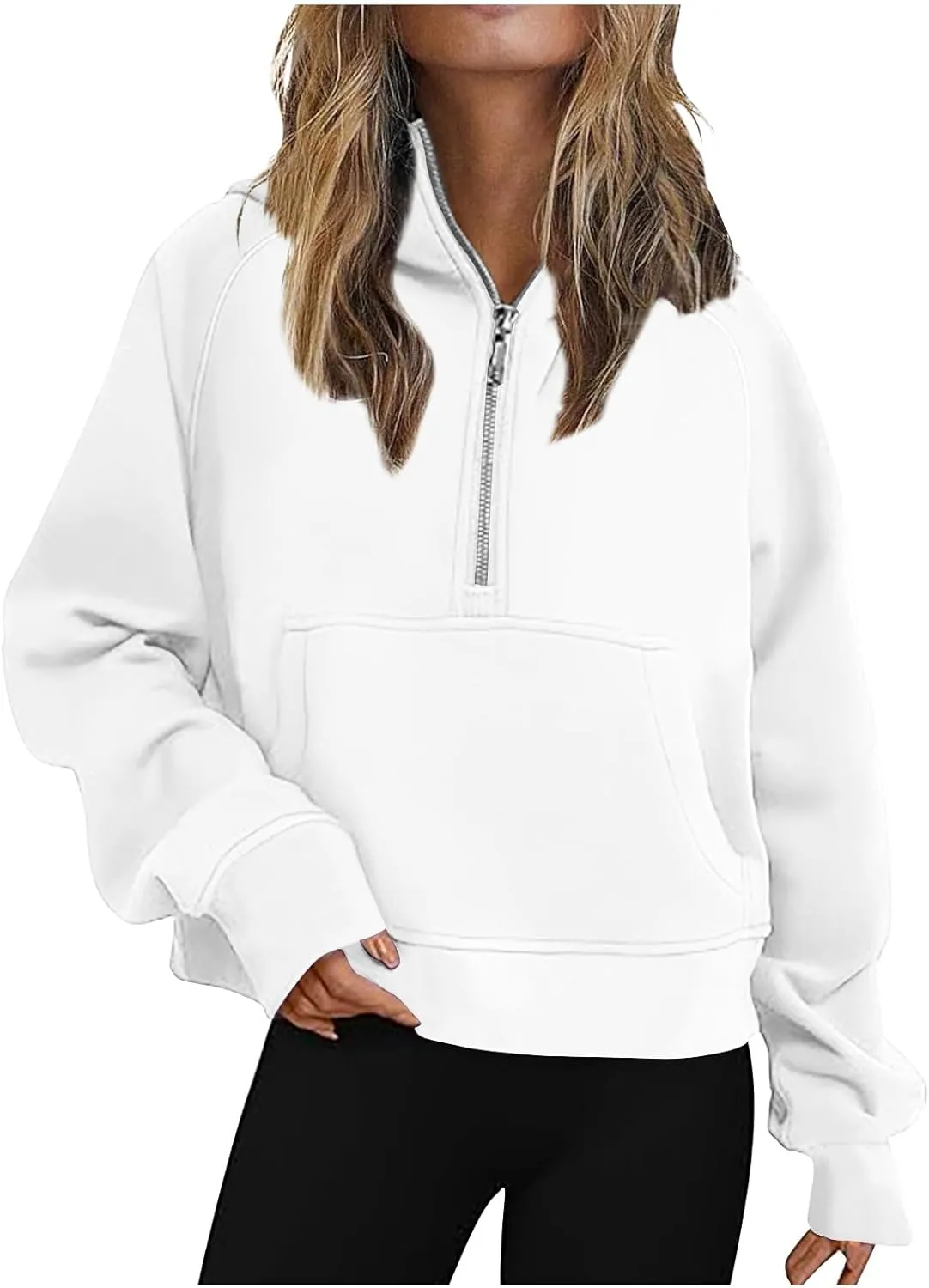 Women Cropped Sweatshirt Fashion Hoodies Casual Long Sleeve Half Zip Fleece Pullover Loose Workout Jackets with Pockets