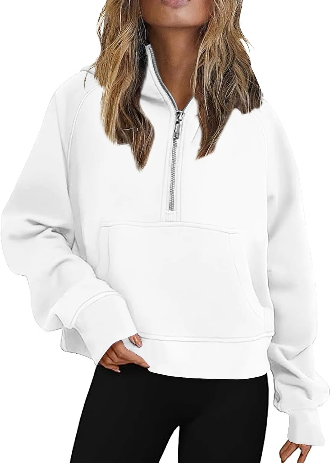 Women Cropped Sweatshirt Fashion Hoodies Casual Long Sleeve Half Zip Fleece Pullover Loose Workout Jackets with Pockets