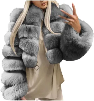 Women Elegant Faux Fur Coat Sexy Plus Size Short Jacket Warm Furry Faux Crop Jacket Long Sleeve Outerwear for Winter