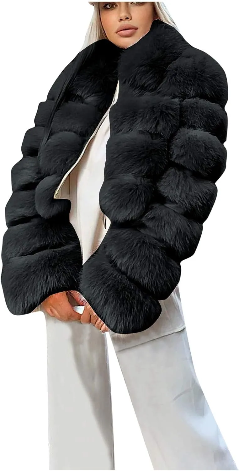 Women Elegant Faux Fur Coat Sexy Plus Size Short Jacket Warm Furry Faux Crop Jacket Long Sleeve Outerwear for Winter