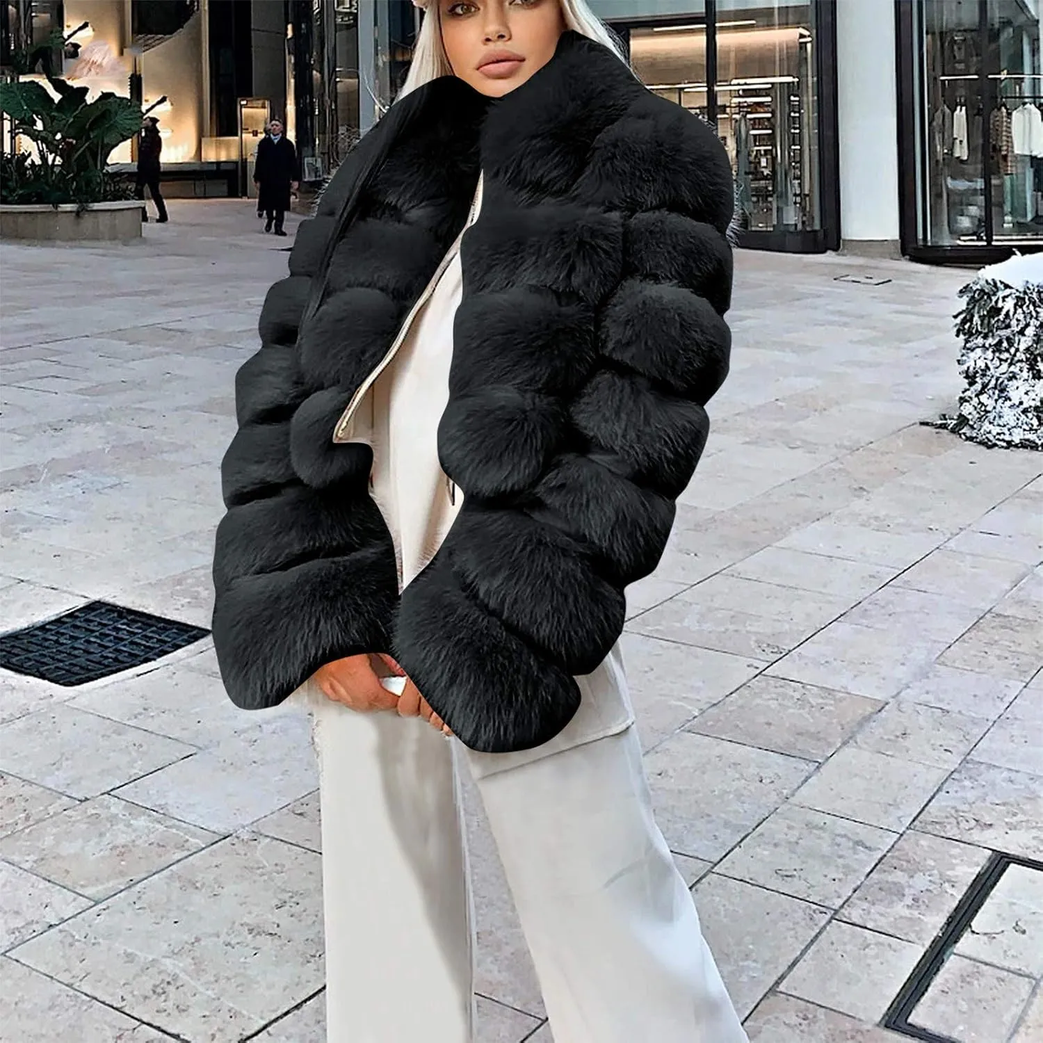 Women Elegant Faux Fur Coat Sexy Plus Size Short Jacket Warm Furry Faux Crop Jacket Long Sleeve Outerwear for Winter
