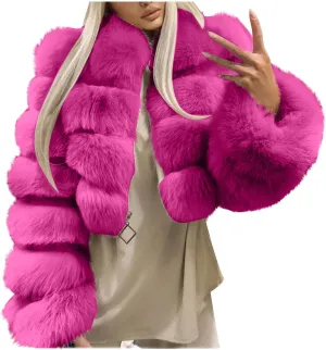 Women Elegant Faux Fur Coat Sexy Plus Size Short Jacket Warm Furry Faux Crop Jacket Long Sleeve Outerwear for Winter