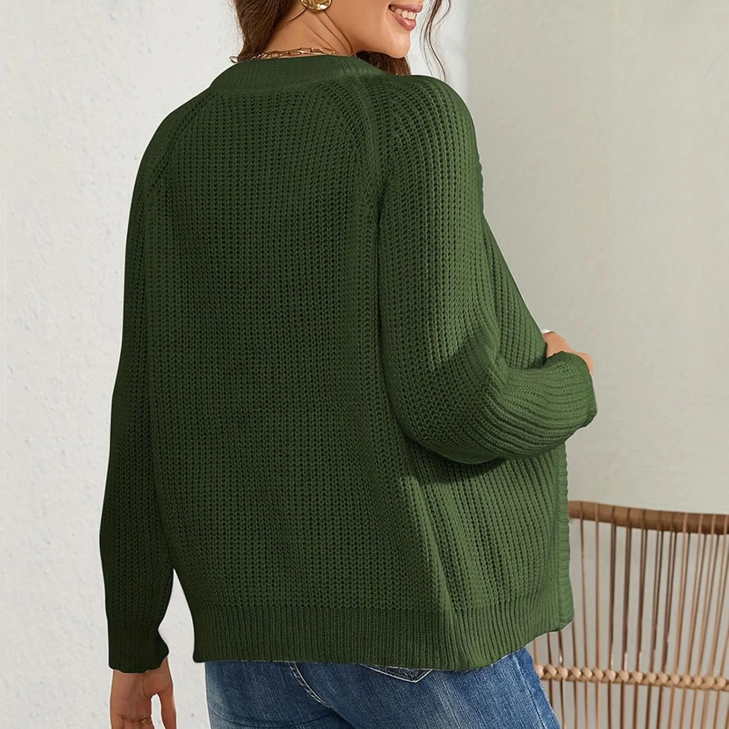 Women Fall Open Front Sweater Chunky Knit Cardigan Raglan Sleeve Plain Knitted Jacket Trendy Fitted Sweaters Coat