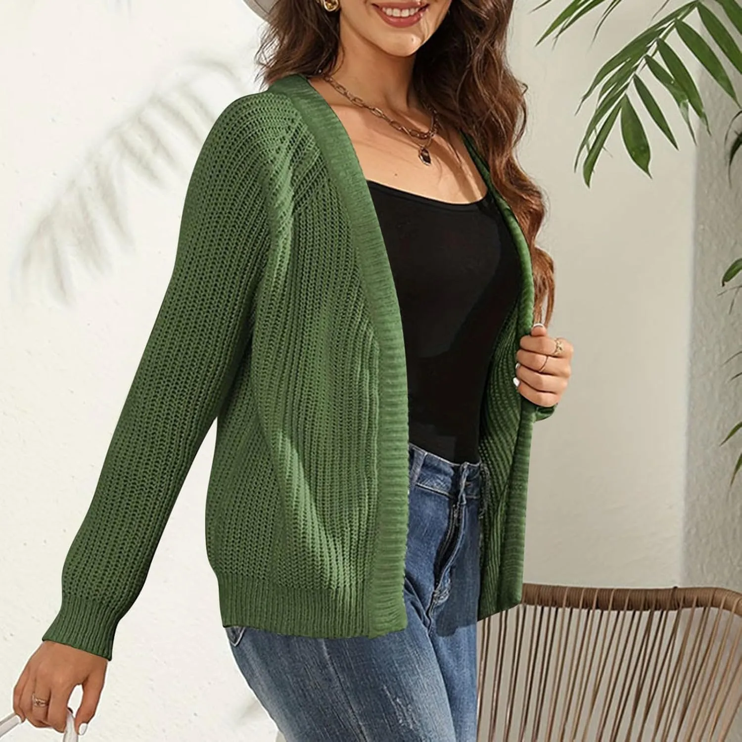 Women Fall Open Front Sweater Chunky Knit Cardigan Raglan Sleeve Plain Knitted Jacket Trendy Fitted Sweaters Coat