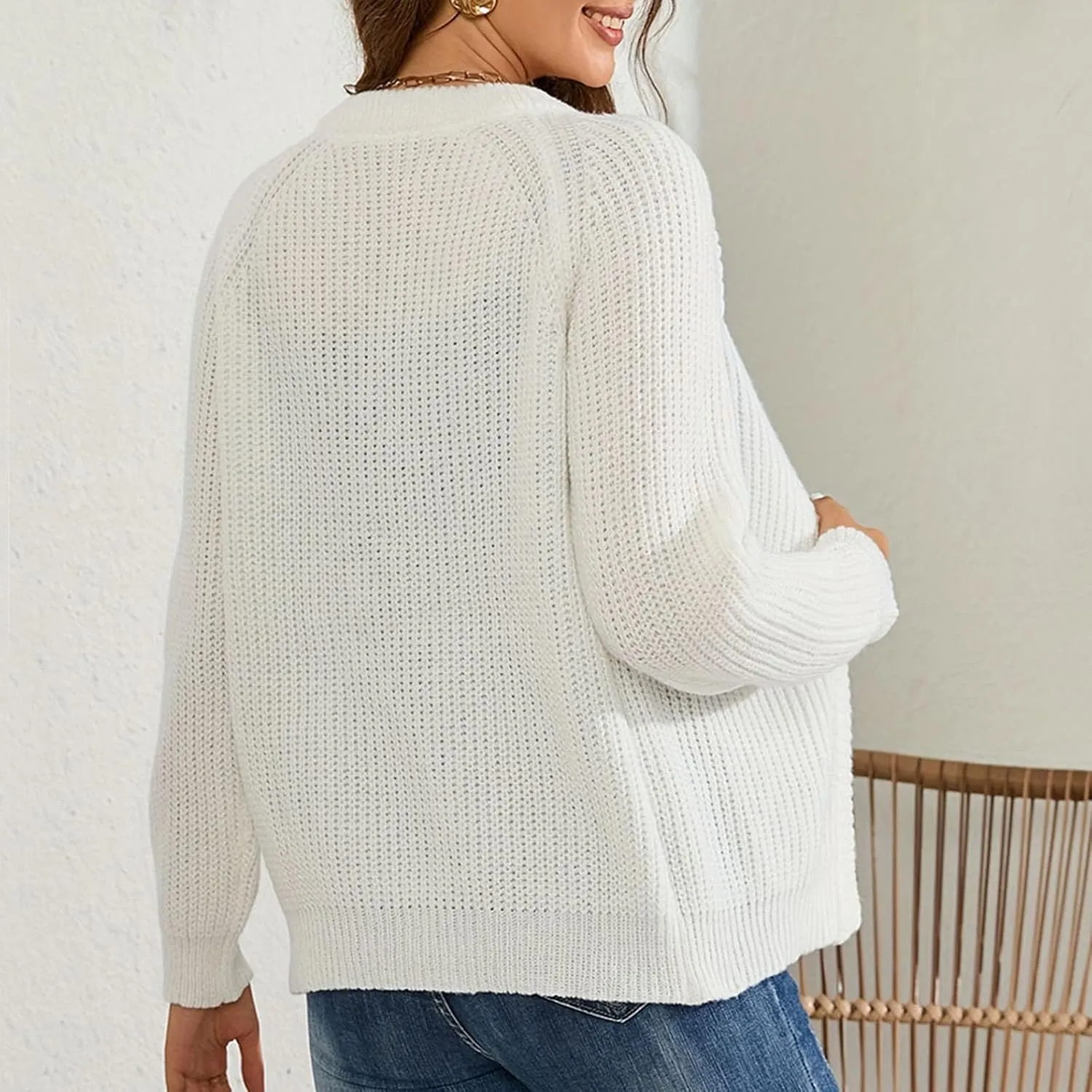 Women Fall Open Front Sweater Chunky Knit Cardigan Raglan Sleeve Plain Knitted Jacket Trendy Fitted Sweaters Coat