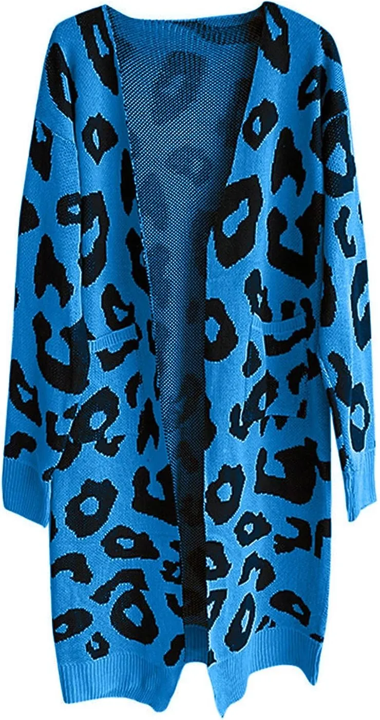 Women Fashion Cardigan Sweaters with Pockets Long Sweater Coats Leopard Printed Overcoat Open Front Cardigans
