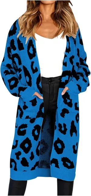 Women Fashion Cardigan Sweaters with Pockets Long Sweater Coats Leopard Printed Overcoat Open Front Cardigans