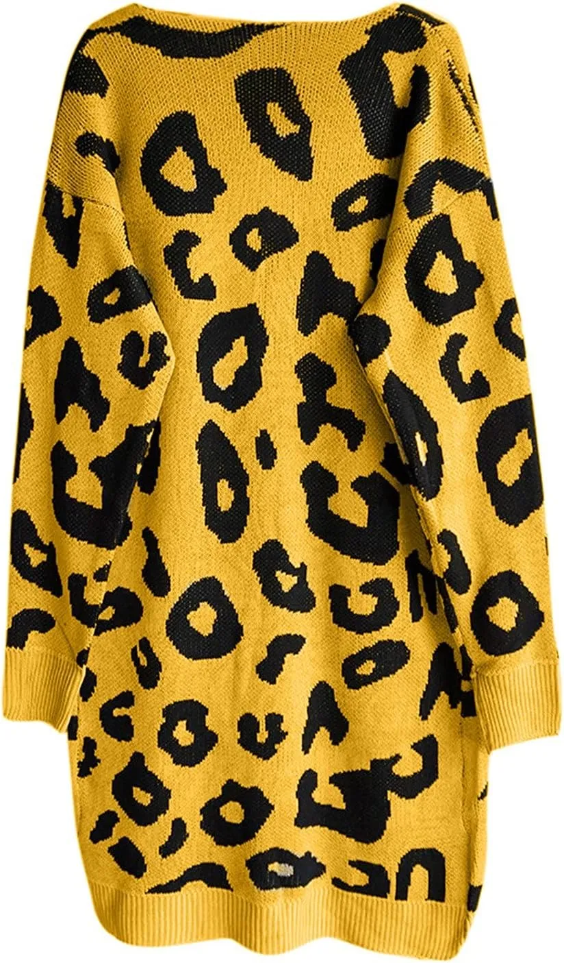 Women Fashion Cardigan Sweaters with Pockets Long Sweater Coats Leopard Printed Overcoat Open Front Cardigans