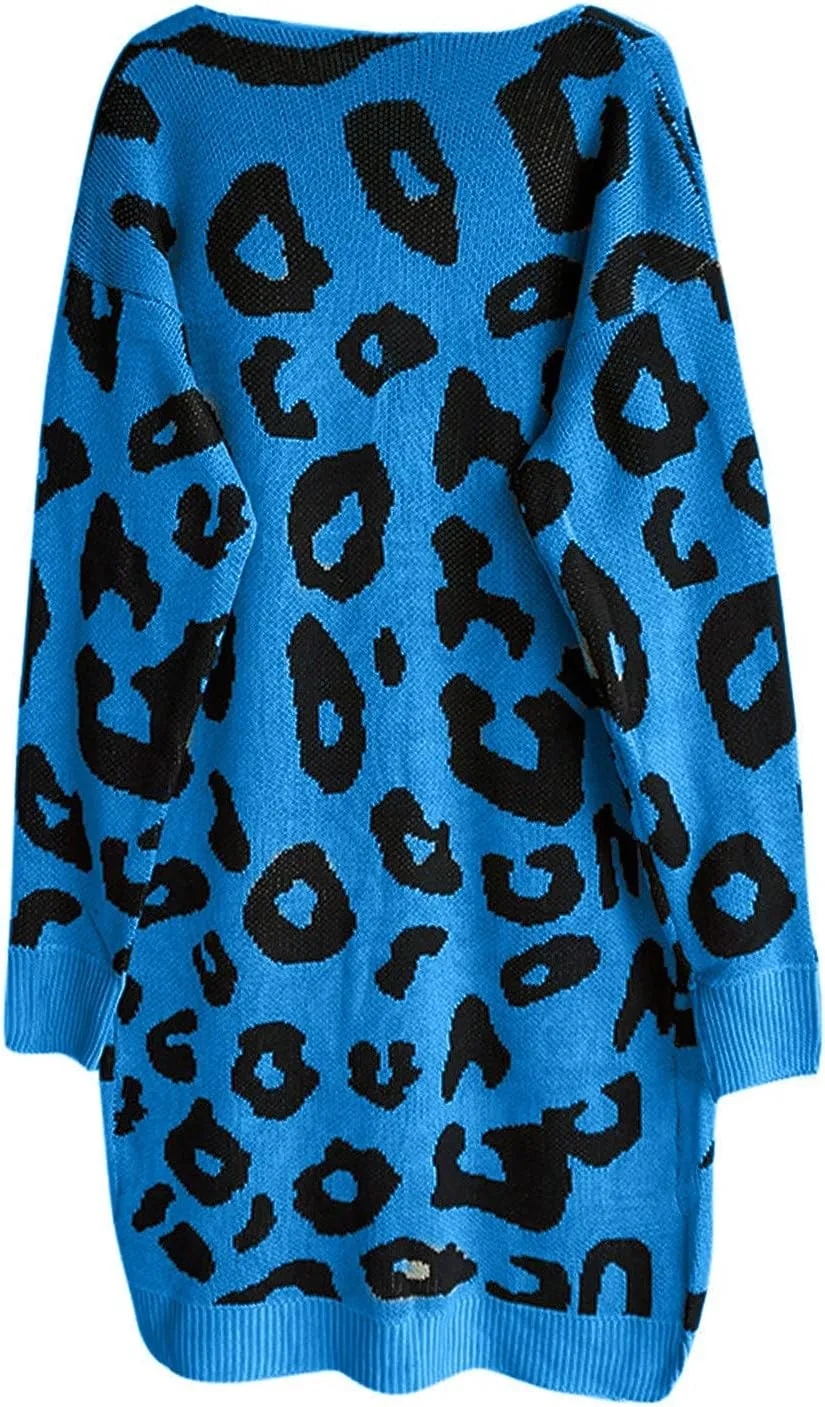 Women Fashion Cardigan Sweaters with Pockets Long Sweater Coats Leopard Printed Overcoat Open Front Cardigans