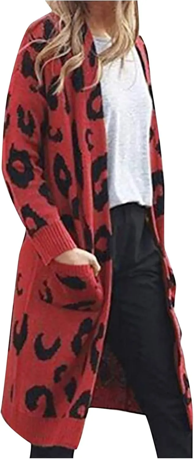 Women Fashion Cardigan Sweaters with Pockets Long Sweater Coats Leopard Printed Overcoat Open Front Cardigans