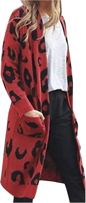 Women Fashion Cardigan Sweaters with Pockets Long Sweater Coats Leopard Printed Overcoat Open Front Cardigans