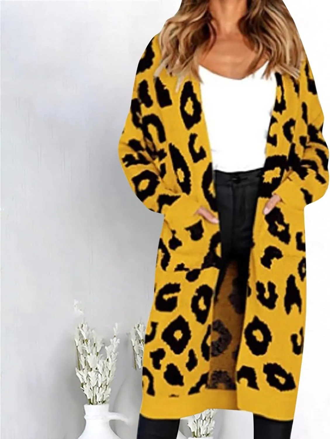 Women Fashion Cardigan Sweaters with Pockets Long Sweater Coats Leopard Printed Overcoat Open Front Cardigans