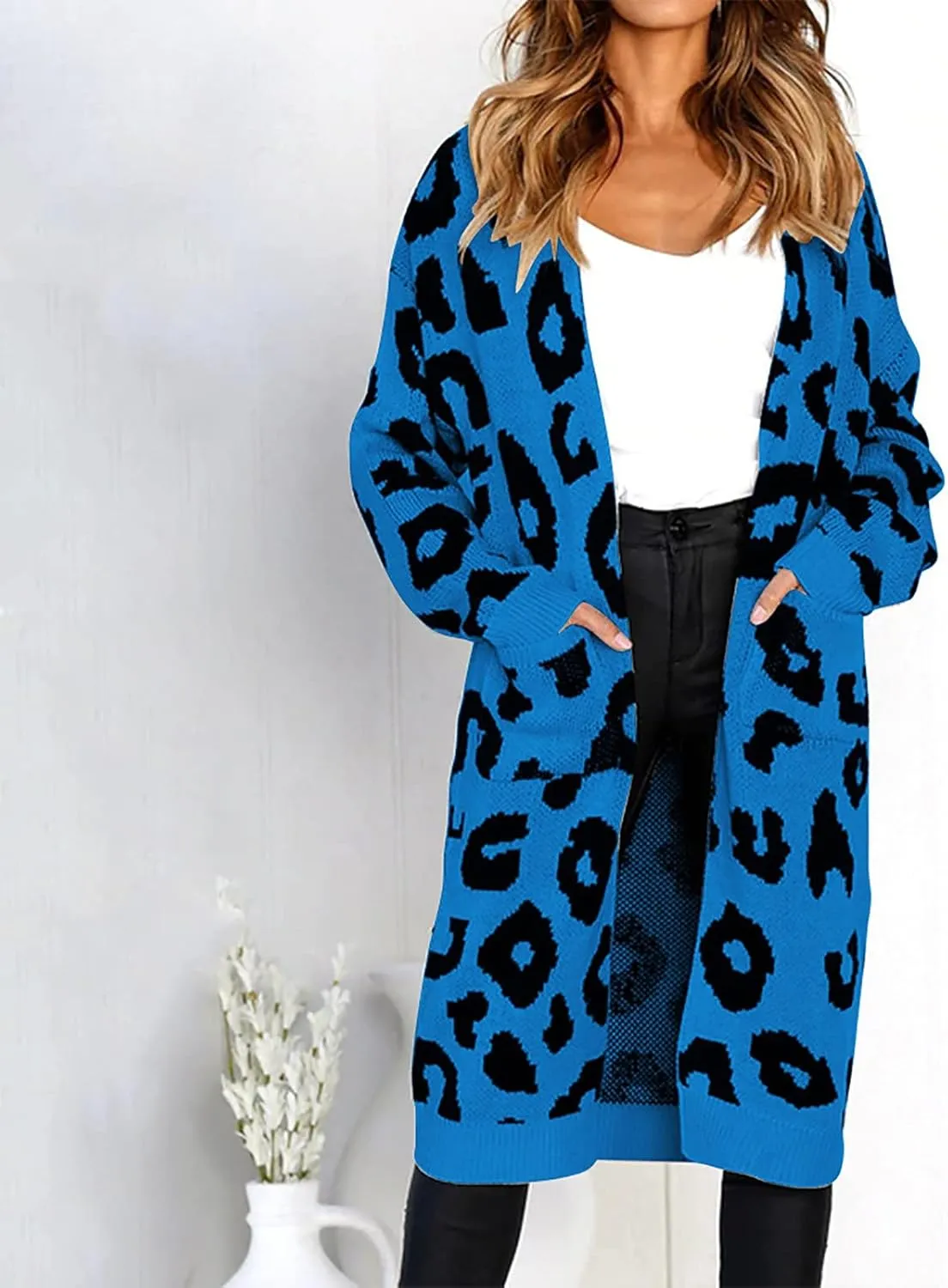 Women Fashion Cardigan Sweaters with Pockets Long Sweater Coats Leopard Printed Overcoat Open Front Cardigans