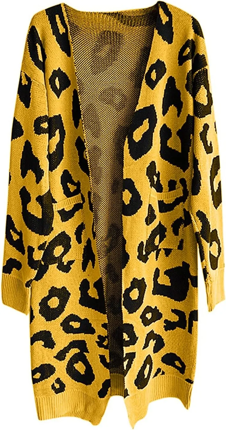 Women Fashion Cardigan Sweaters with Pockets Long Sweater Coats Leopard Printed Overcoat Open Front Cardigans