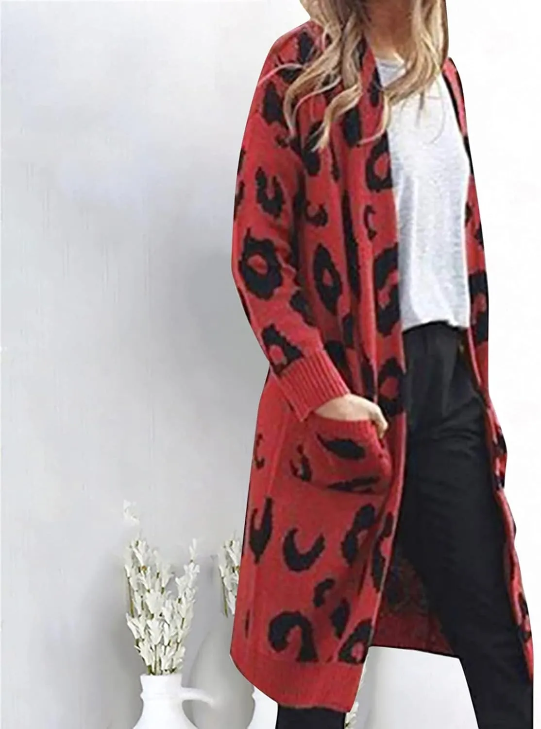 Women Fashion Cardigan Sweaters with Pockets Long Sweater Coats Leopard Printed Overcoat Open Front Cardigans