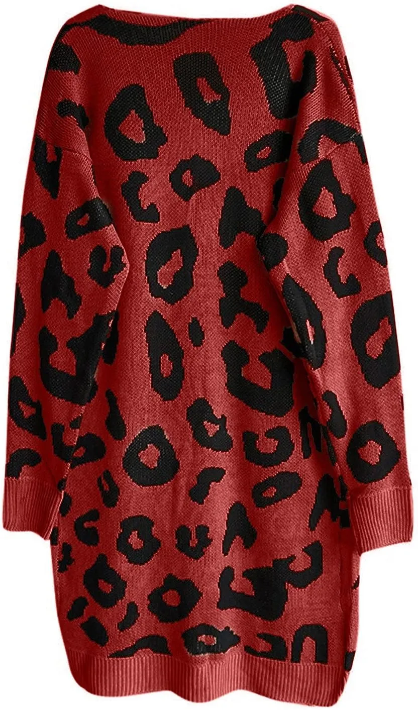 Women Fashion Cardigan Sweaters with Pockets Long Sweater Coats Leopard Printed Overcoat Open Front Cardigans