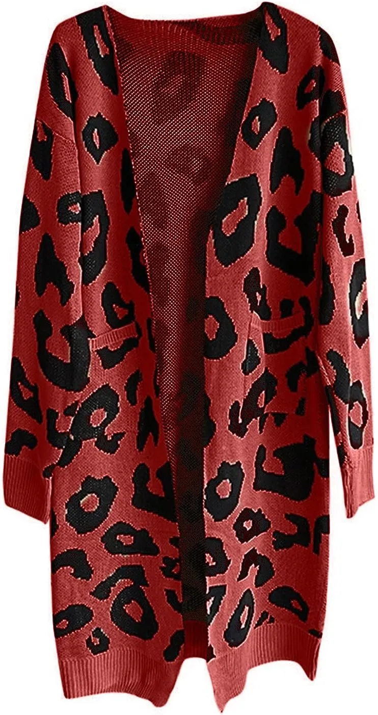Women Fashion Cardigan Sweaters with Pockets Long Sweater Coats Leopard Printed Overcoat Open Front Cardigans
