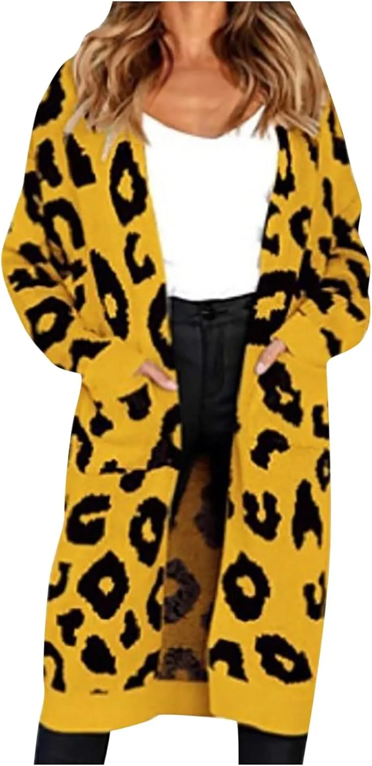 Women Fashion Cardigan Sweaters with Pockets Long Sweater Coats Leopard Printed Overcoat Open Front Cardigans