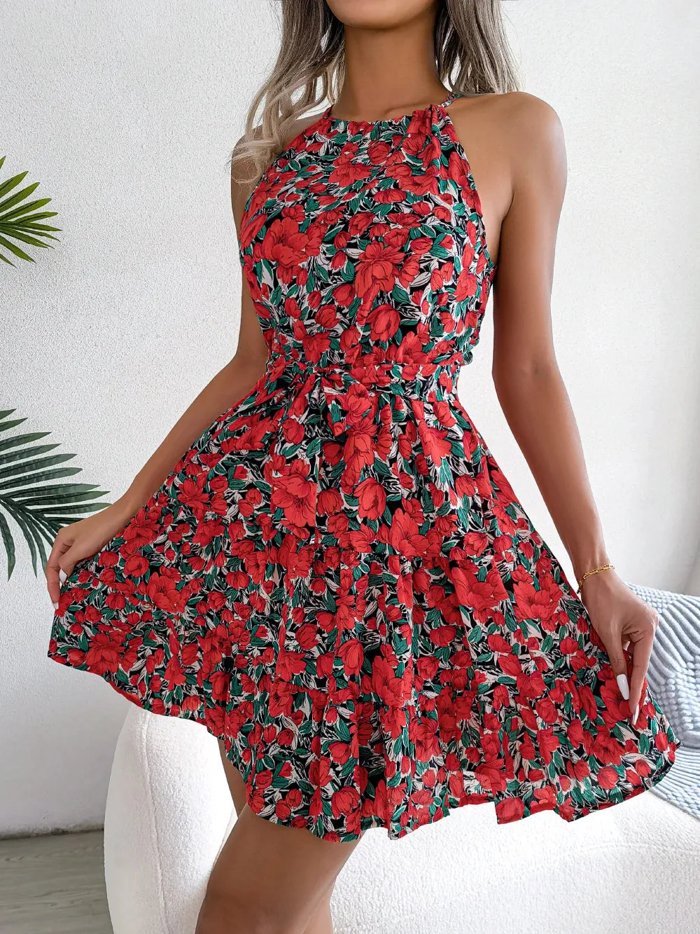 Women Floral Print Ruffles Halter Neck Mini Dress