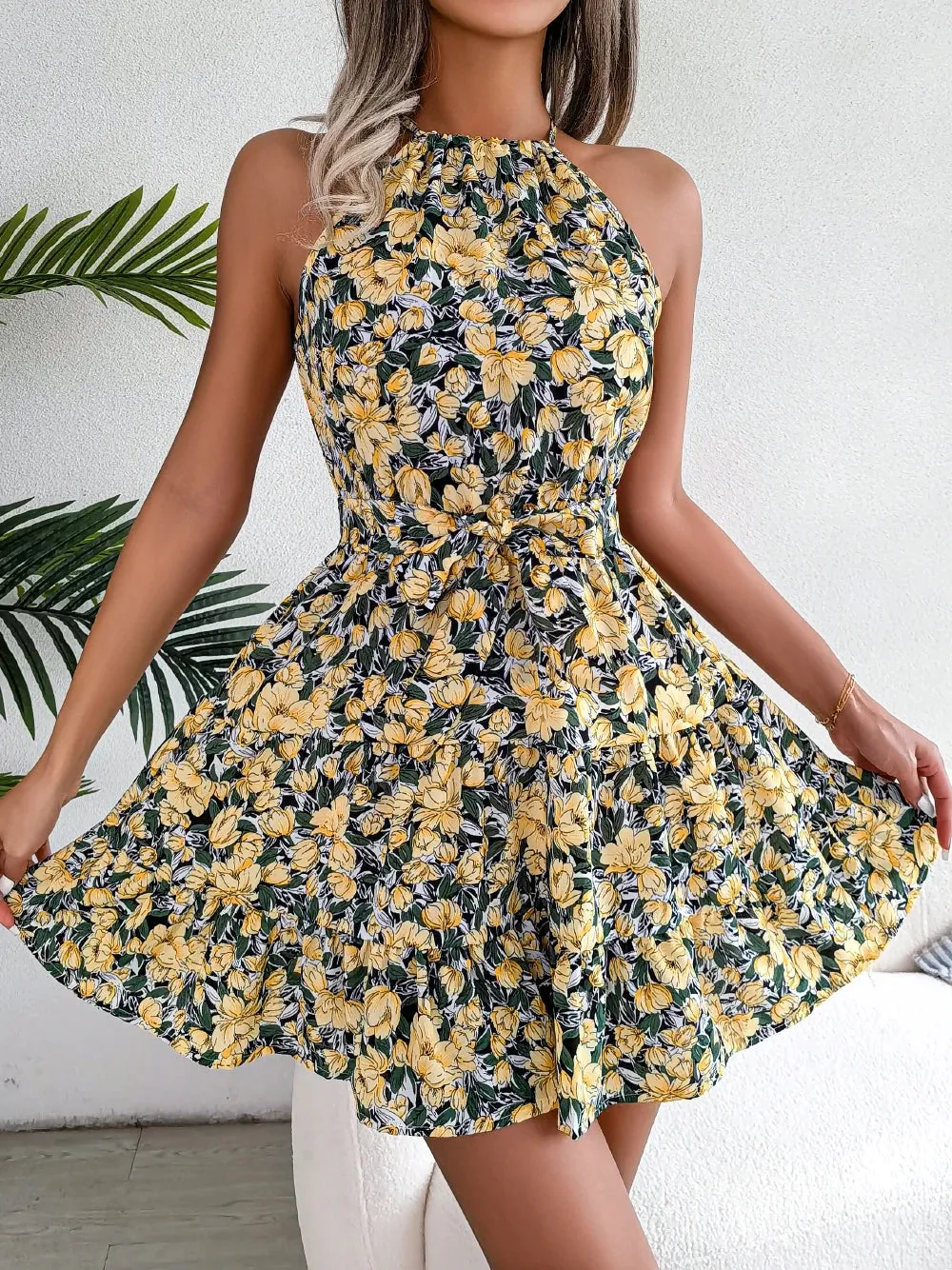 Women Floral Print Ruffles Halter Neck Mini Dress