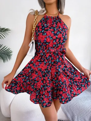 Women Floral Print Ruffles Halter Neck Mini Dress