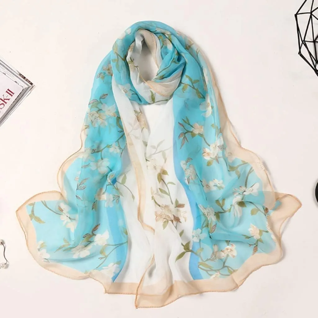 Women Flower Print Long Scarf Soft Silk Wrap Shawl Scarves Warm Soft Chunky Large Wrap Scarf