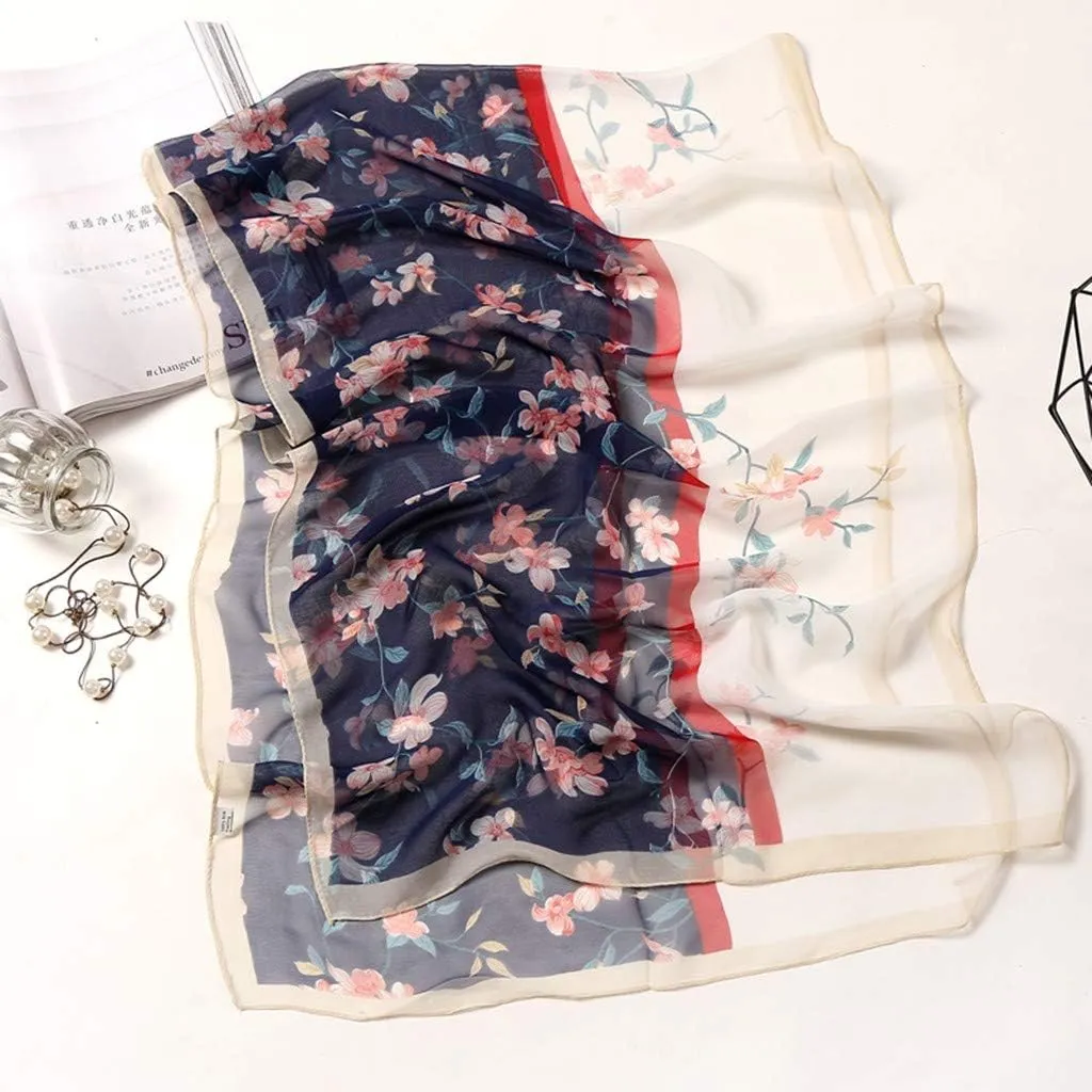 Women Flower Print Long Scarf Soft Silk Wrap Shawl Scarves Warm Soft Chunky Large Wrap Scarf