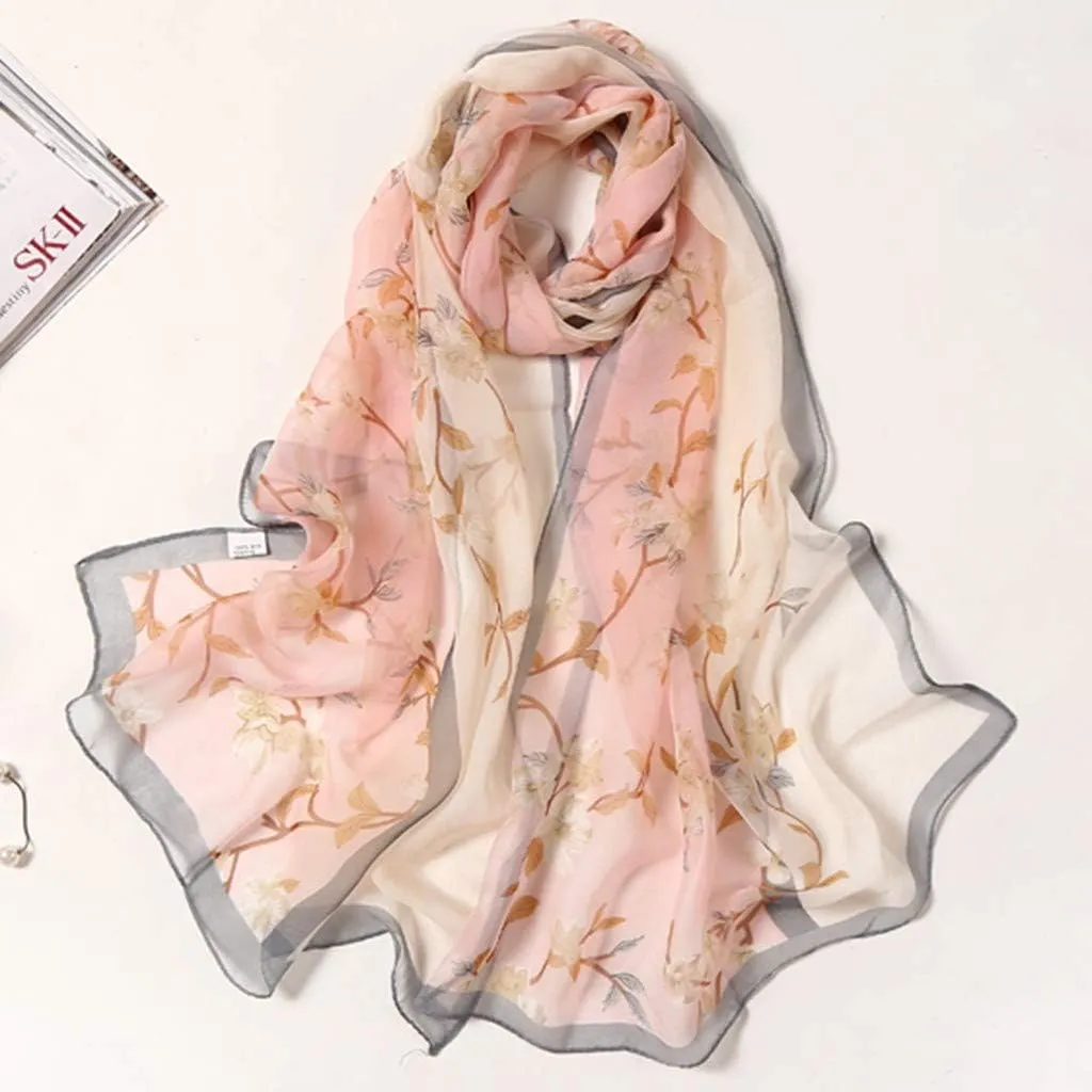Women Flower Print Long Scarf Soft Silk Wrap Shawl Scarves Warm Soft Chunky Large Wrap Scarf