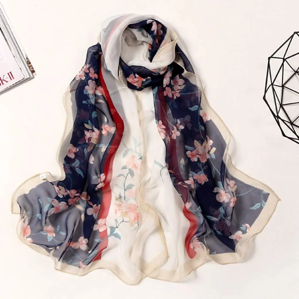 Women Flower Print Long Scarf Soft Silk Wrap Shawl Scarves Warm Soft Chunky Large Wrap Scarf