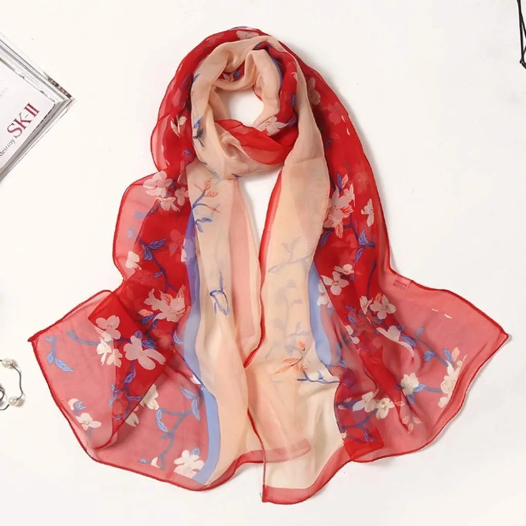 Women Flower Print Long Scarves Soft Wrap Scarf Silk Shawl Scarves for Cold Weather Winter Warm Scarf