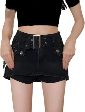 Women High Waist Shorts Skirts Vintage Belted Wrap Hip Mini Denim Skirts