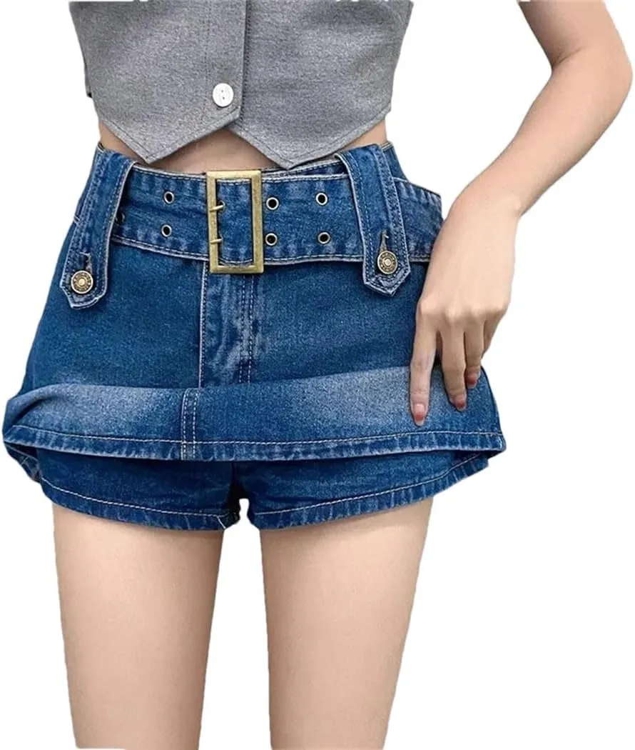 Women High Waist Shorts Skirts Vintage Belted Wrap Hip Mini Denim Skirts
