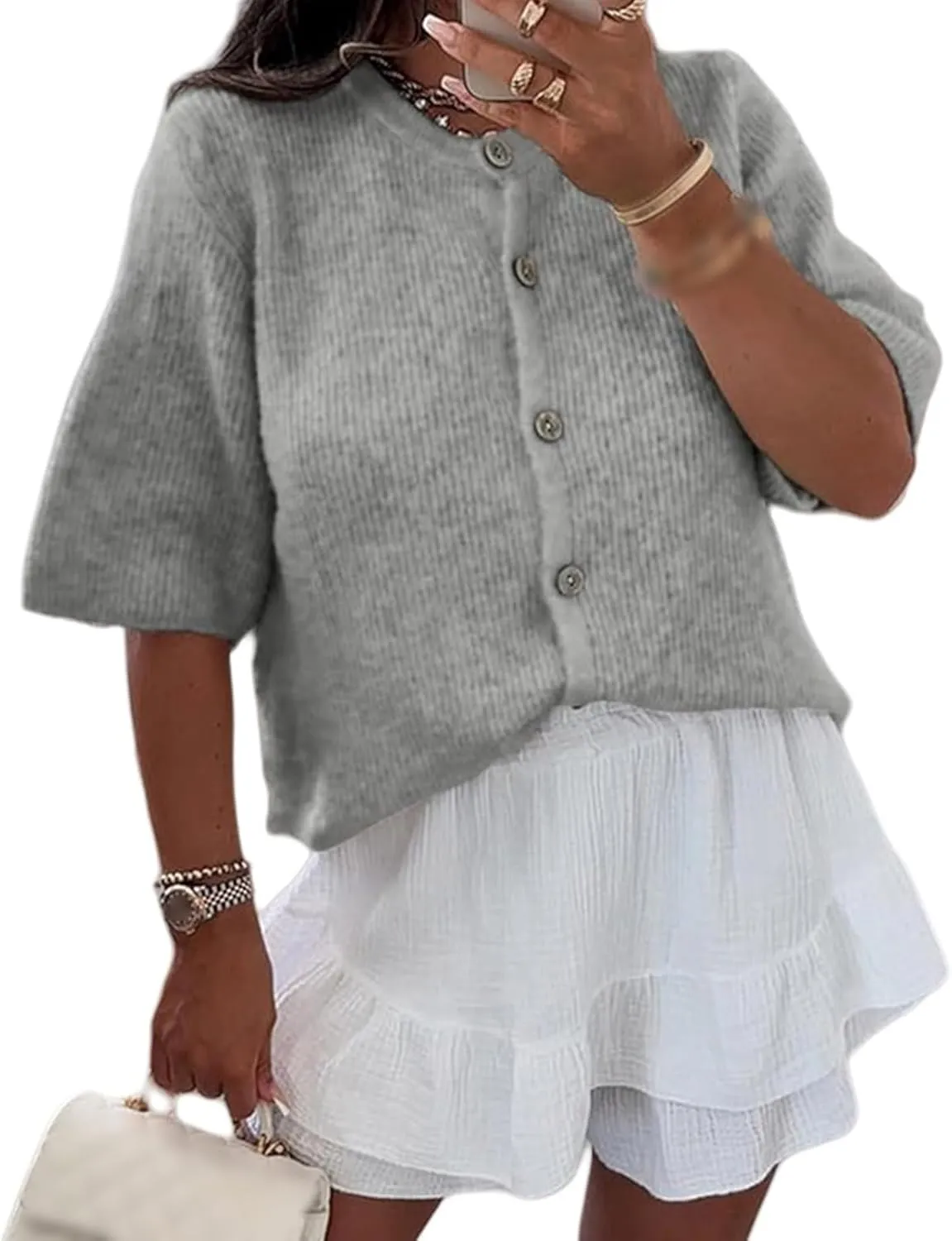 Women Knitted Cropped Cardigan Shirt Short Sleeve Button Down Ribbed Knit Top Y2k Girls Outwear Casual Comfy Sweater