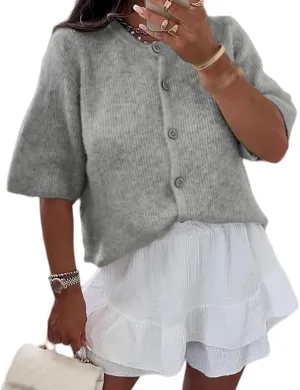 Women Knitted Cropped Cardigan Shirt Short Sleeve Button Down Ribbed Knit Top Y2k Girls Outwear Casual Comfy Sweater