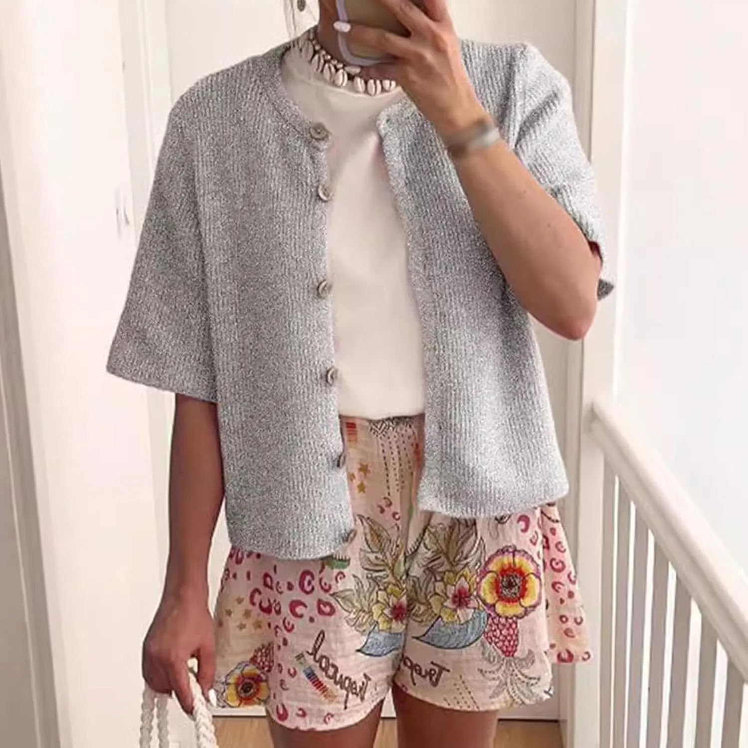 Women Knitted Cropped Cardigan Shirt Short Sleeve Button Down Ribbed Knit Top Y2k Girls Outwear Casual Comfy Sweater