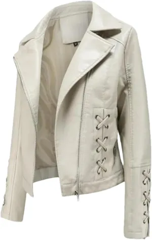 Women Leather Jacket Spring Coat Black Red Moto Biker Zipper Jacket Ladies EN8 Beige Jacket Women Autumn