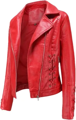 Women Leather Jacket Spring Coat Black Red Moto Biker Zipper Jacket Ladies EN8 Beige Jacket Women Autumn