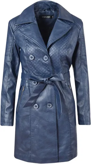 Women Leather Trench Double Breasted Leather Long Coat with Belt Lapel Mid Long Jacket Faux Leather Trench Coat