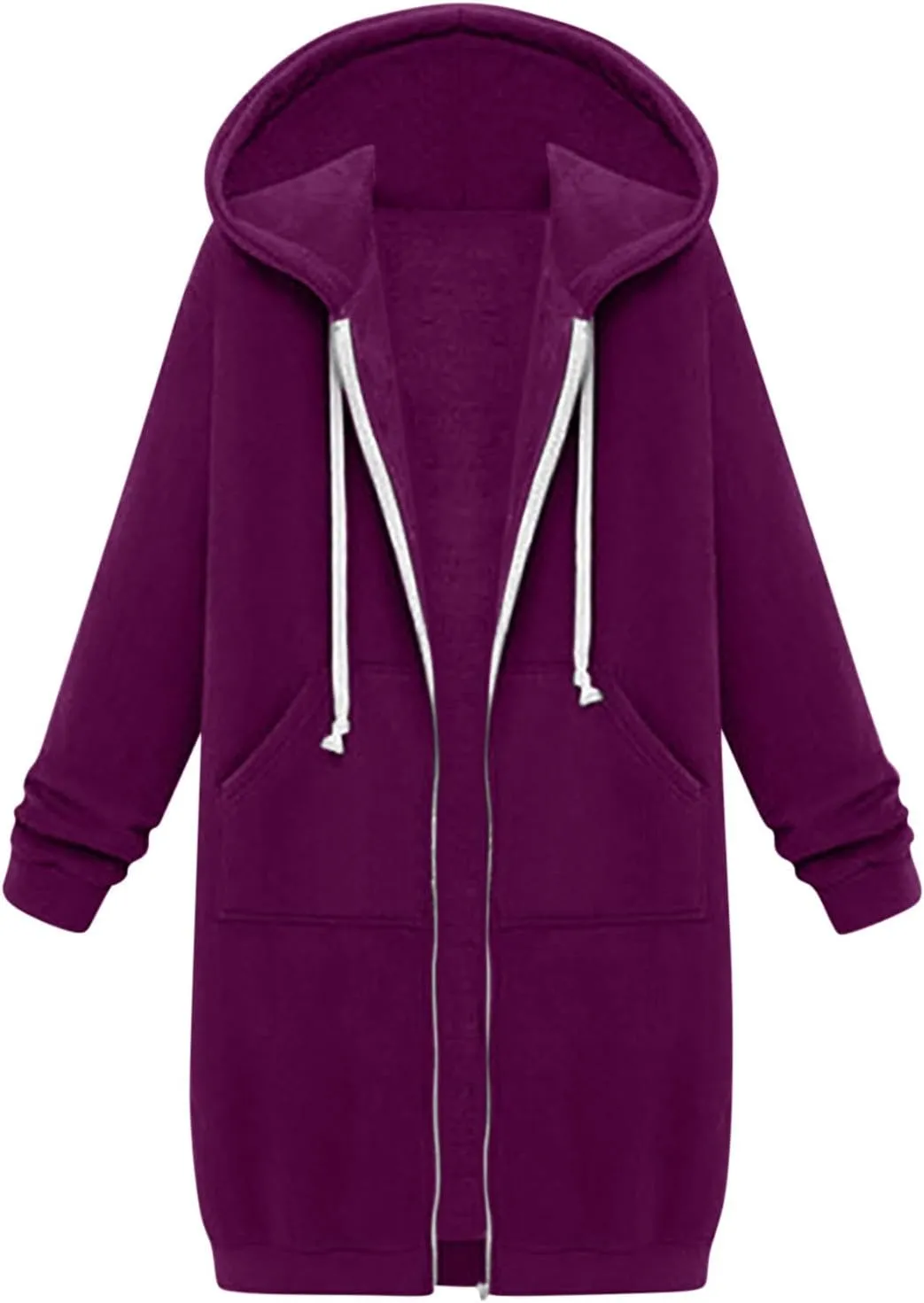 Women Long Sweat Jacket Casual Zip Up Fleece Jacket with Hoodies Plus Size Trench Coat Long Sleeve Cardigan Thin Basic