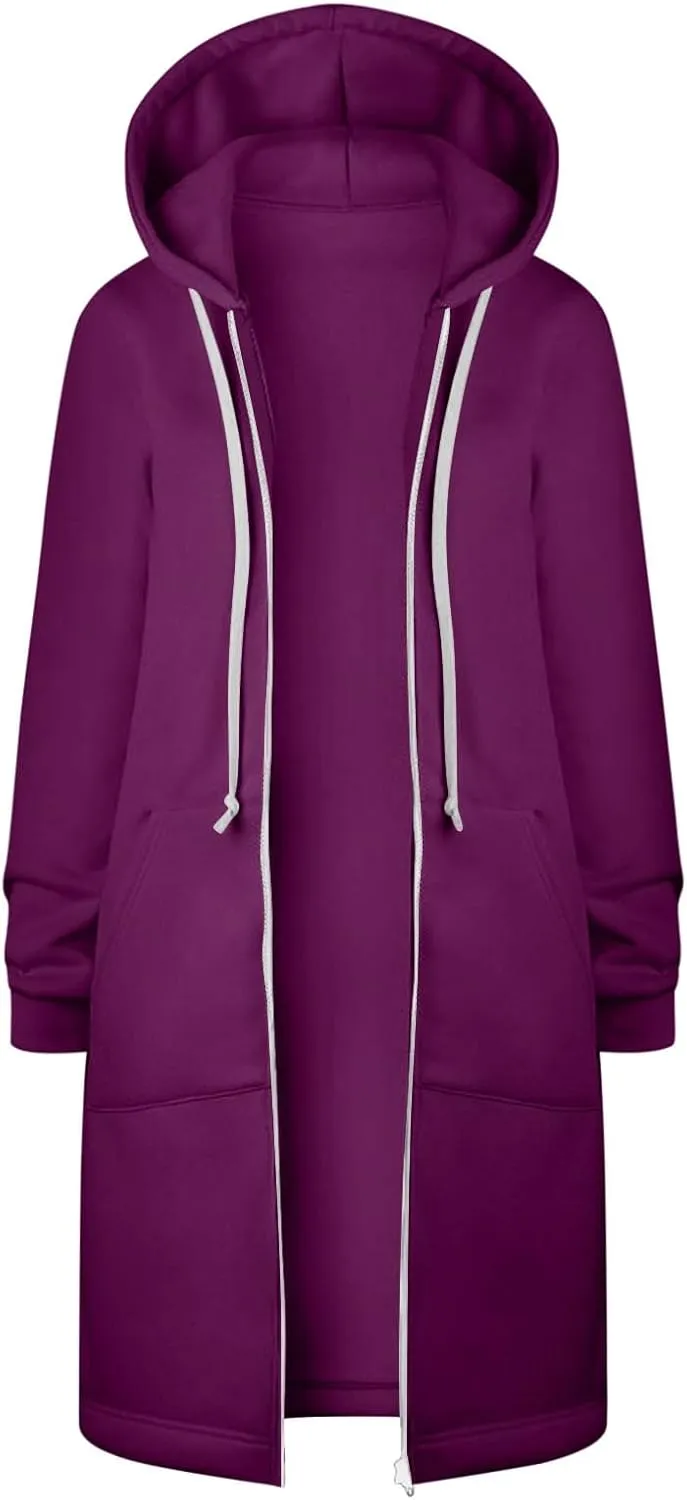 Women Long Sweat Jacket Casual Zip Up Fleece Jacket with Hoodies Plus Size Trench Coat Long Sleeve Cardigan Thin Basic