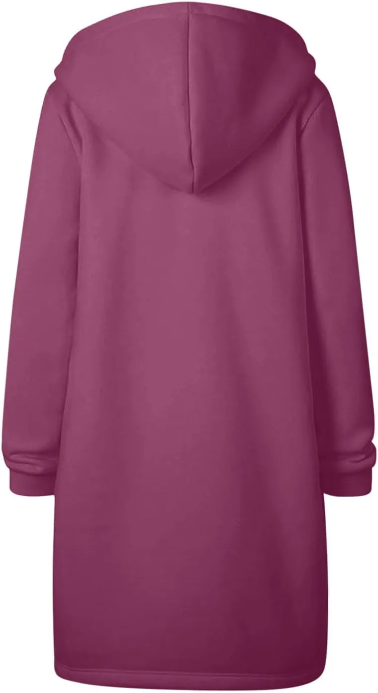 Women Long Sweat Jacket Casual Zip Up Fleece Jacket with Hoodies Plus Size Trench Coat Long Sleeve Cardigan Thin Basic