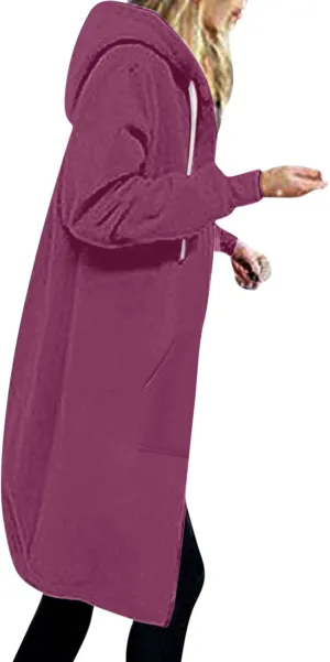 Women Long Sweat Jacket Casual Zip Up Fleece Jacket with Hoodies Plus Size Trench Coat Long Sleeve Cardigan Thin Basic