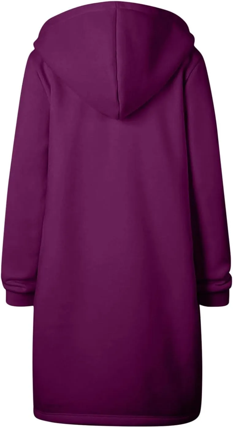 Women Long Sweat Jacket Casual Zip Up Fleece Jacket with Hoodies Plus Size Trench Coat Long Sleeve Cardigan Thin Basic