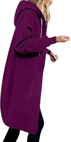 Women Long Sweat Jacket Casual Zip Up Fleece Jacket with Hoodies Plus Size Trench Coat Long Sleeve Cardigan Thin Basic