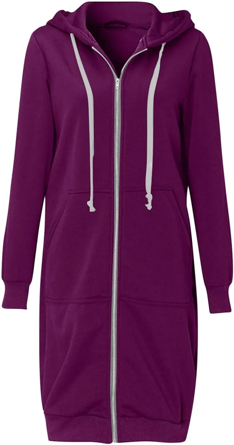 Women Long Sweat Jacket Casual Zip Up Fleece Jacket with Hoodies Plus Size Trench Coat Long Sleeve Cardigan Thin Basic