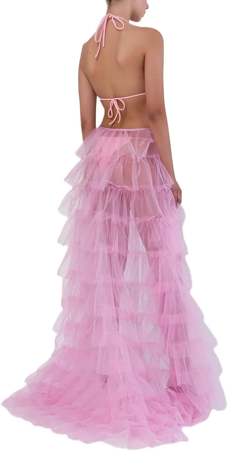Women Long Tulle Tutu Skirt Layered ALine Puff Mesh Skirt Floor Length Split Half-Dress Ruffle Princess Party Skirt