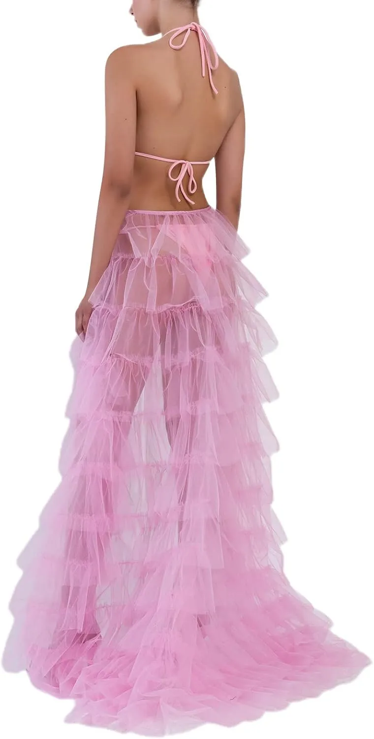 Women Long Tulle Tutu Skirt Layered ALine Puff Mesh Skirt Floor Length Split Half-Dress Ruffle Princess Party Skirt