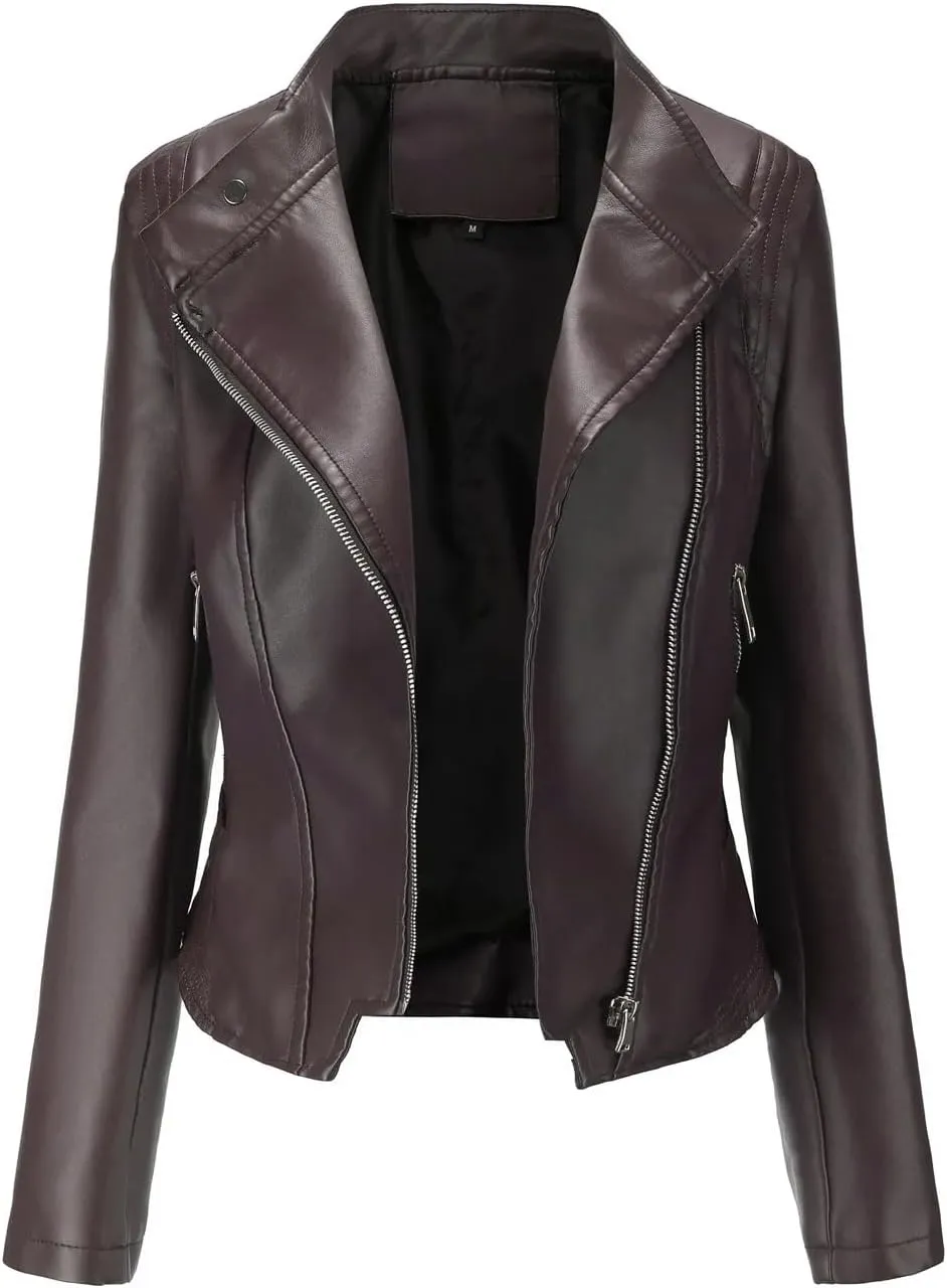 Women Moto Biker Zipper Jacket Spring Motorcycle Faux Leather Jacket Women Autumn Coat In Outerwear Red Beige Black